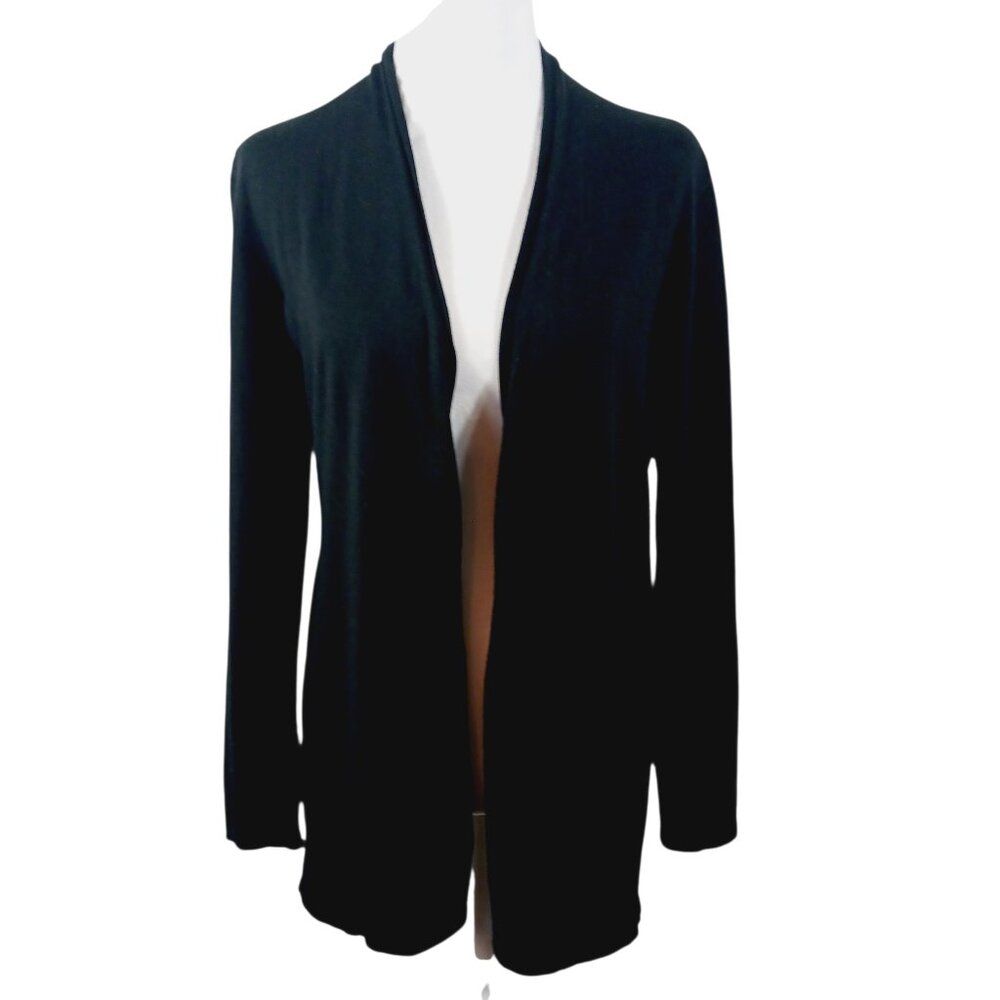 Forte Black Merino Wool & Silk Blend Button Back Open Long Sleeve Cardigan, MED